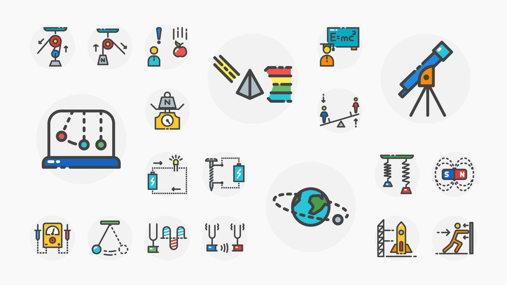 Flat colorful icons showing science experiments, motion, light, magnetism, energy, gravity, space, and astronomy equipment like telescope and planets. vector
