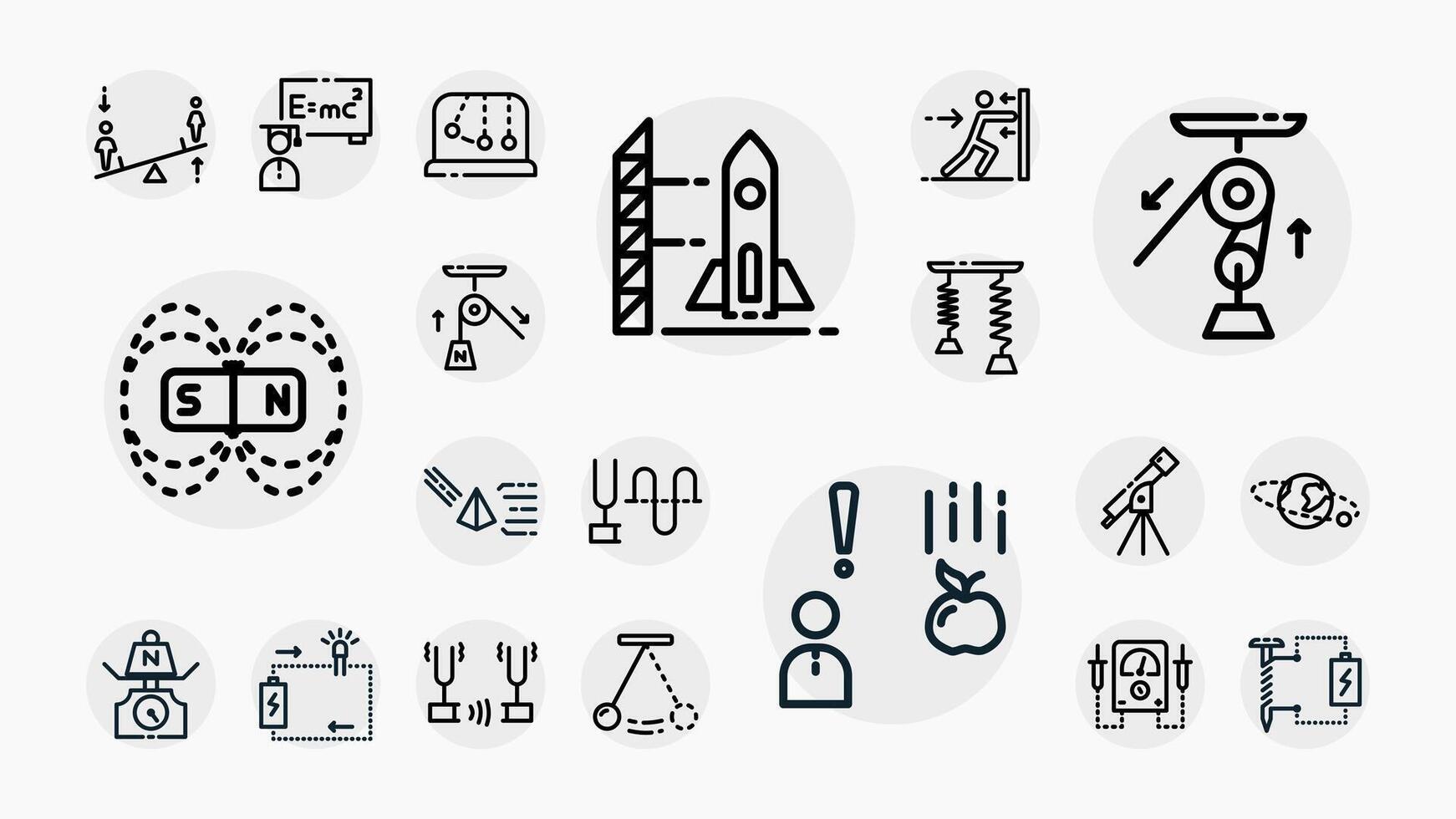 Set of outline style icons illustrating physics laws, experiments, energy, motion, magnetism, rocket launch, and science education tools. vector