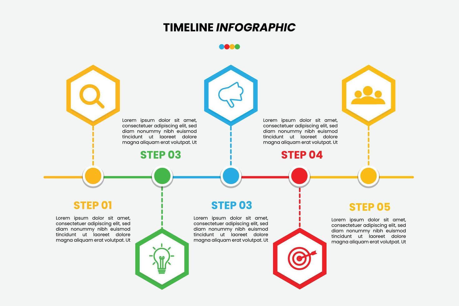 Modern 5-step timeline infographic template. Hexagon elements for clear data visualization. Perfect for presentations, planning, and reports. Fully editable vector