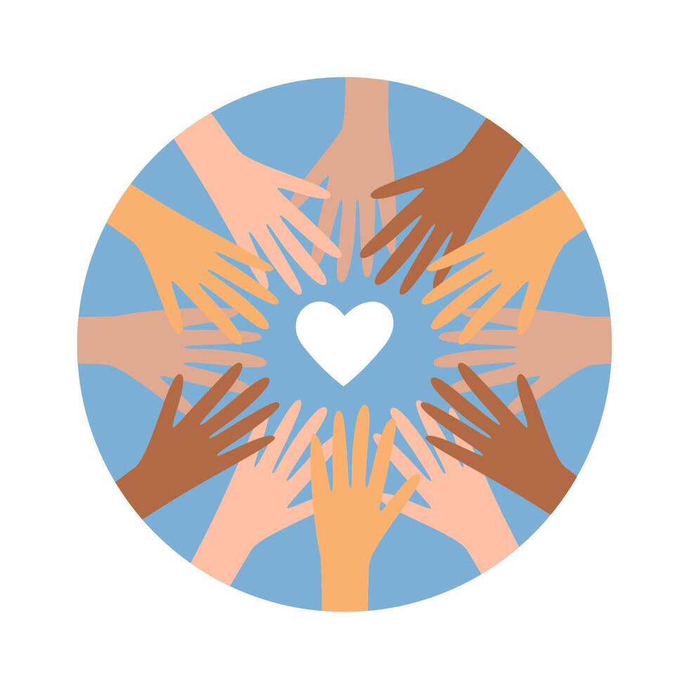 Circle of hands of diverse colors around heart. vector