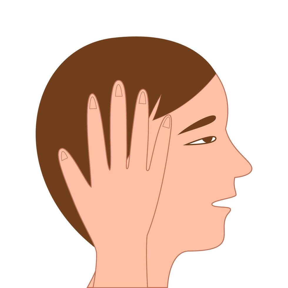 Face with hand gently placed over ear, side view. . vector
