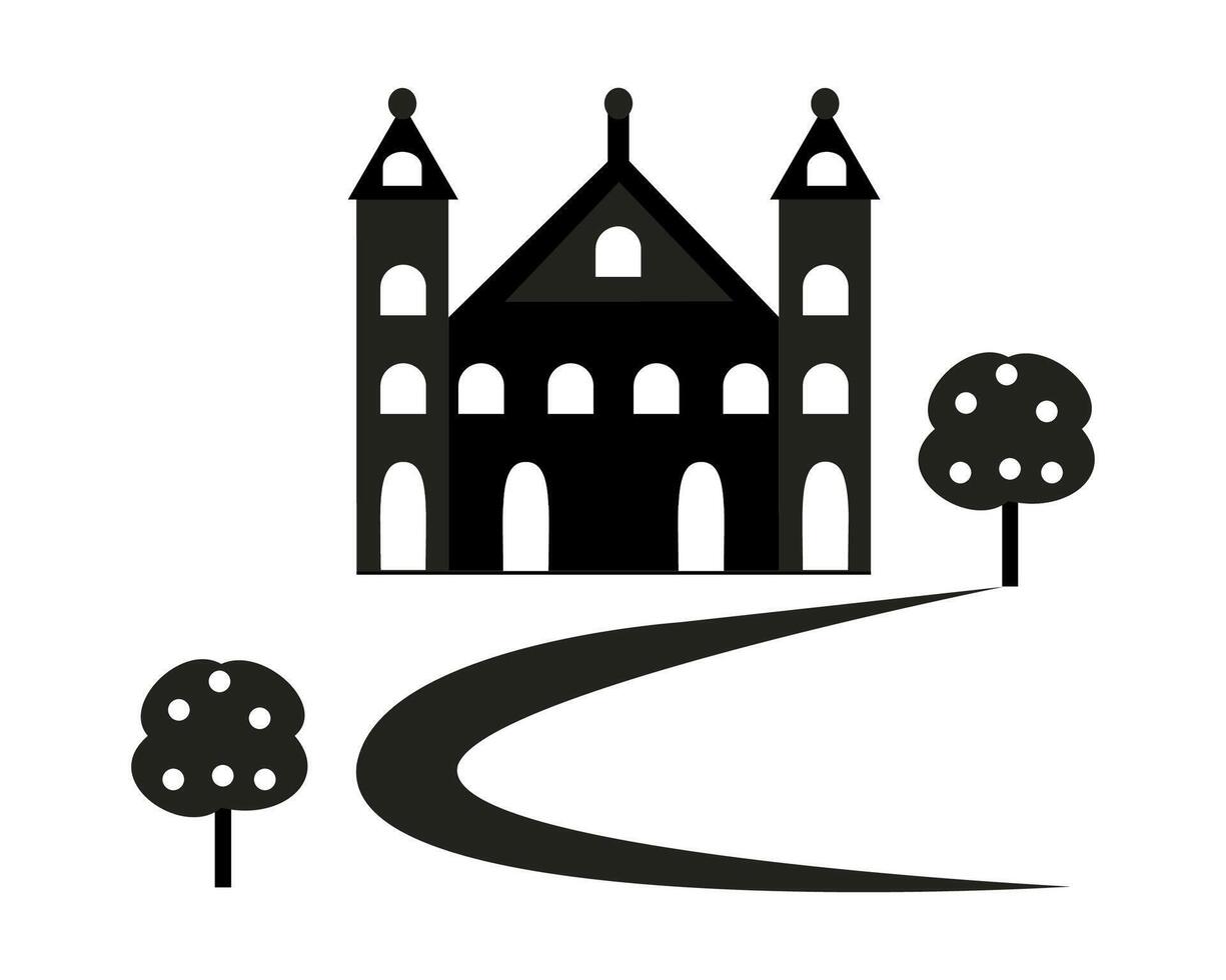 Black castle with trees and path. vector