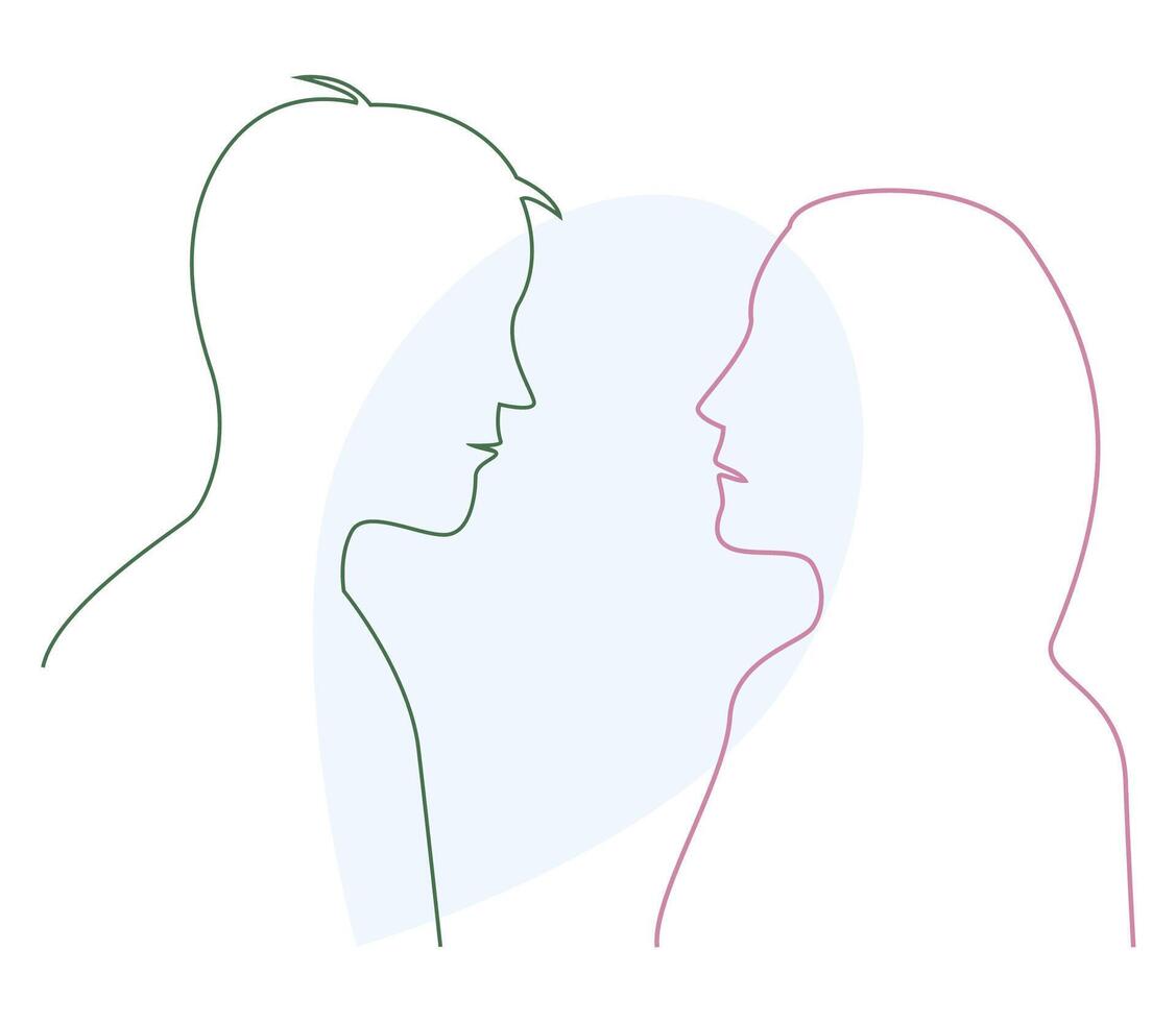 Man and woman facing each other over heart shape. vector