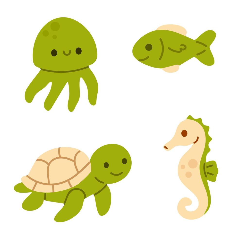 Square bundle of green sea creatures including jellyfish, fish, turtle, and seahorse, ideal for kids content vector