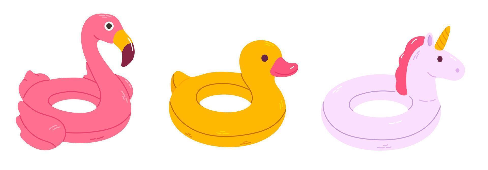 Collection of three isolated inflatable pool floats including flamingo, duck, and unicorn, ideal for summer designs and kids products vector