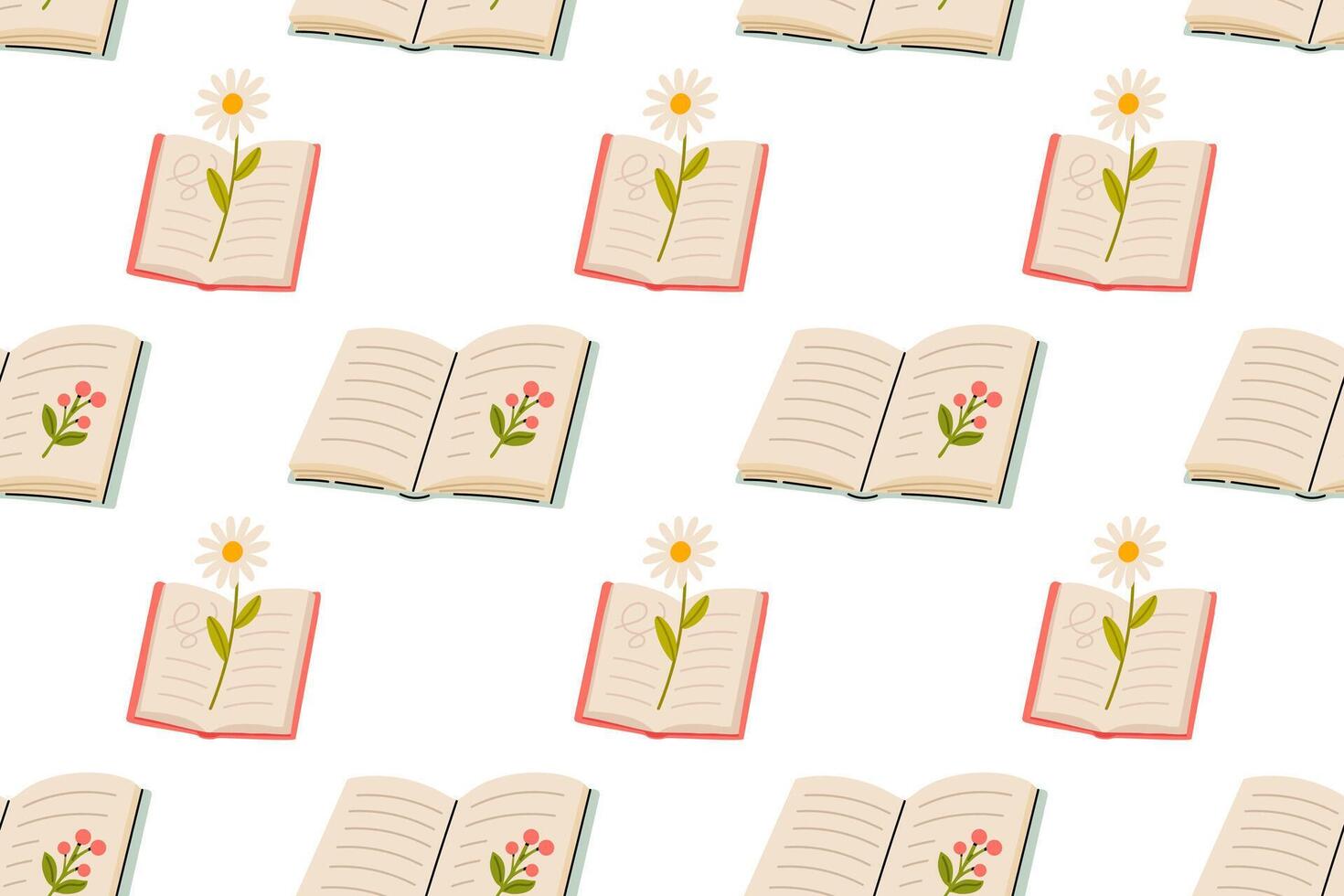 Repeating pattern of opened books with flower illustrations and soft background vector