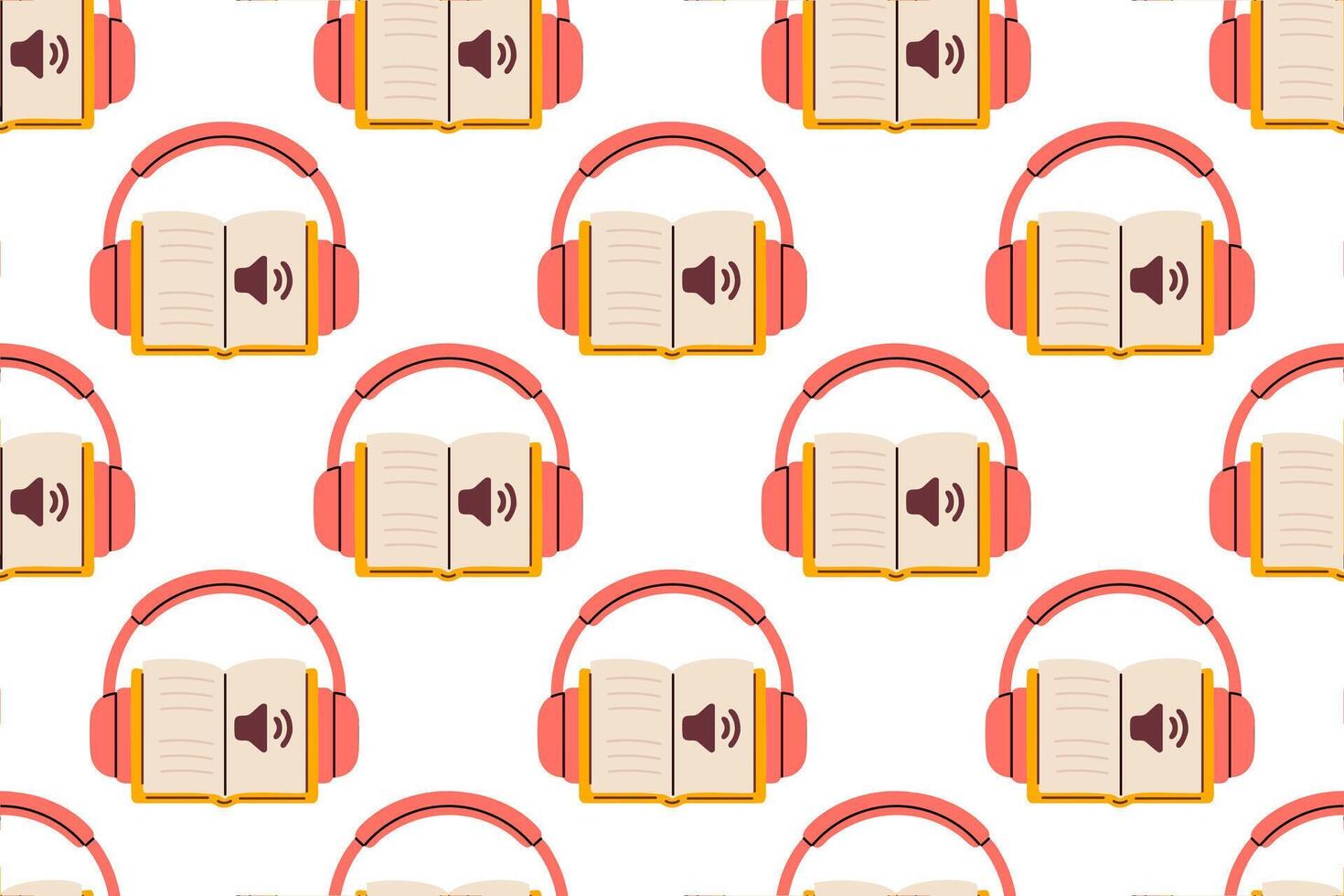 Seamless pattern with open books and headphones. Audiobook symbol in repeating design on white background. Ideal for educational and media themes. vector