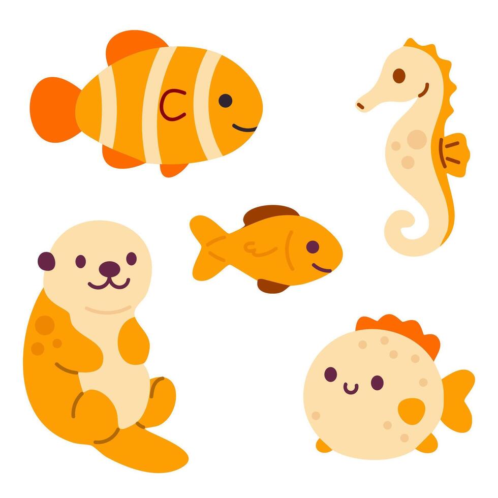 Group of colorful marine animals including clownfish, otter, seahorse, pufferfish, and fish with joyful faces vector