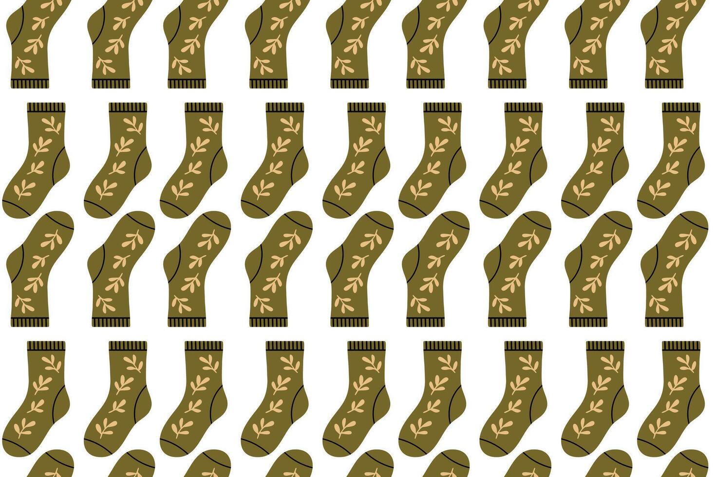 Seamless pattern featuring green socks with decorative botanical elements. Natural and earthy theme for autumn wear. vector