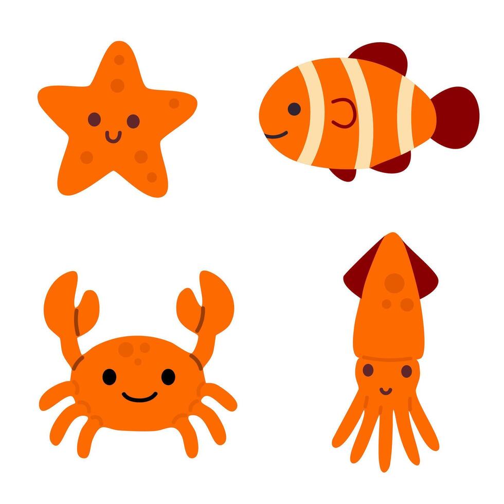 Ocean-themed set featuring starfish, clownfish, crab, and squid in bright orange and red tones vector