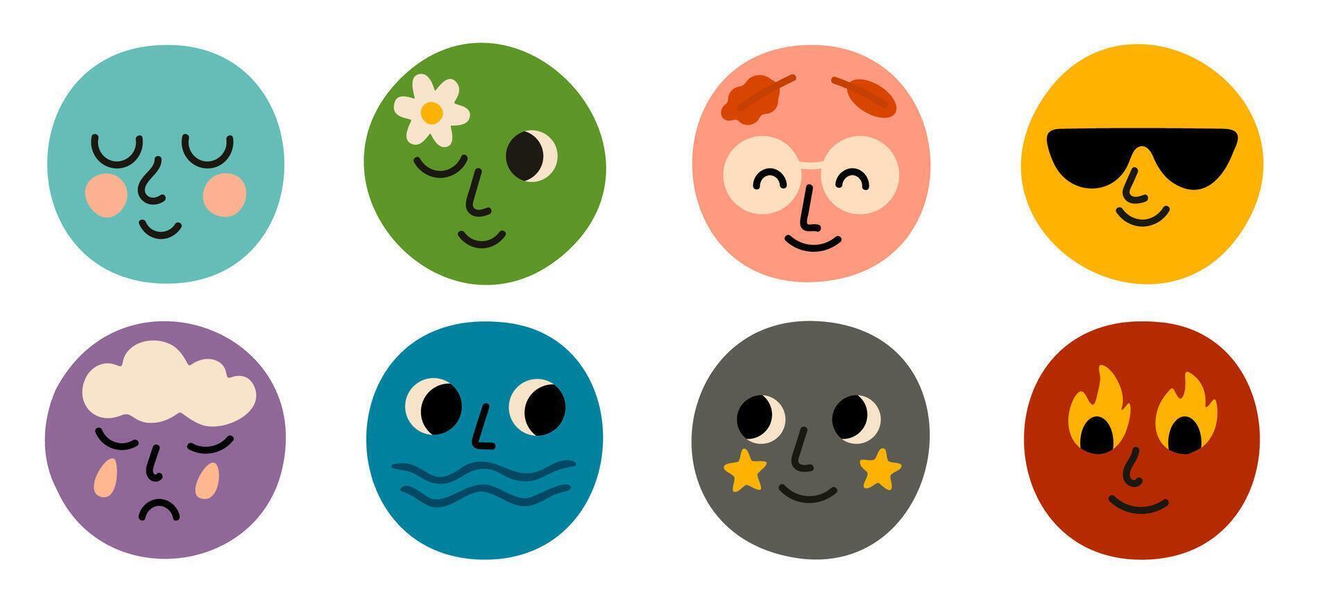 Set of round faces expressing emotions through fire, water, rain, cloud and stars. Colorful and simple characters for weather-related, emotional or kids design. vector