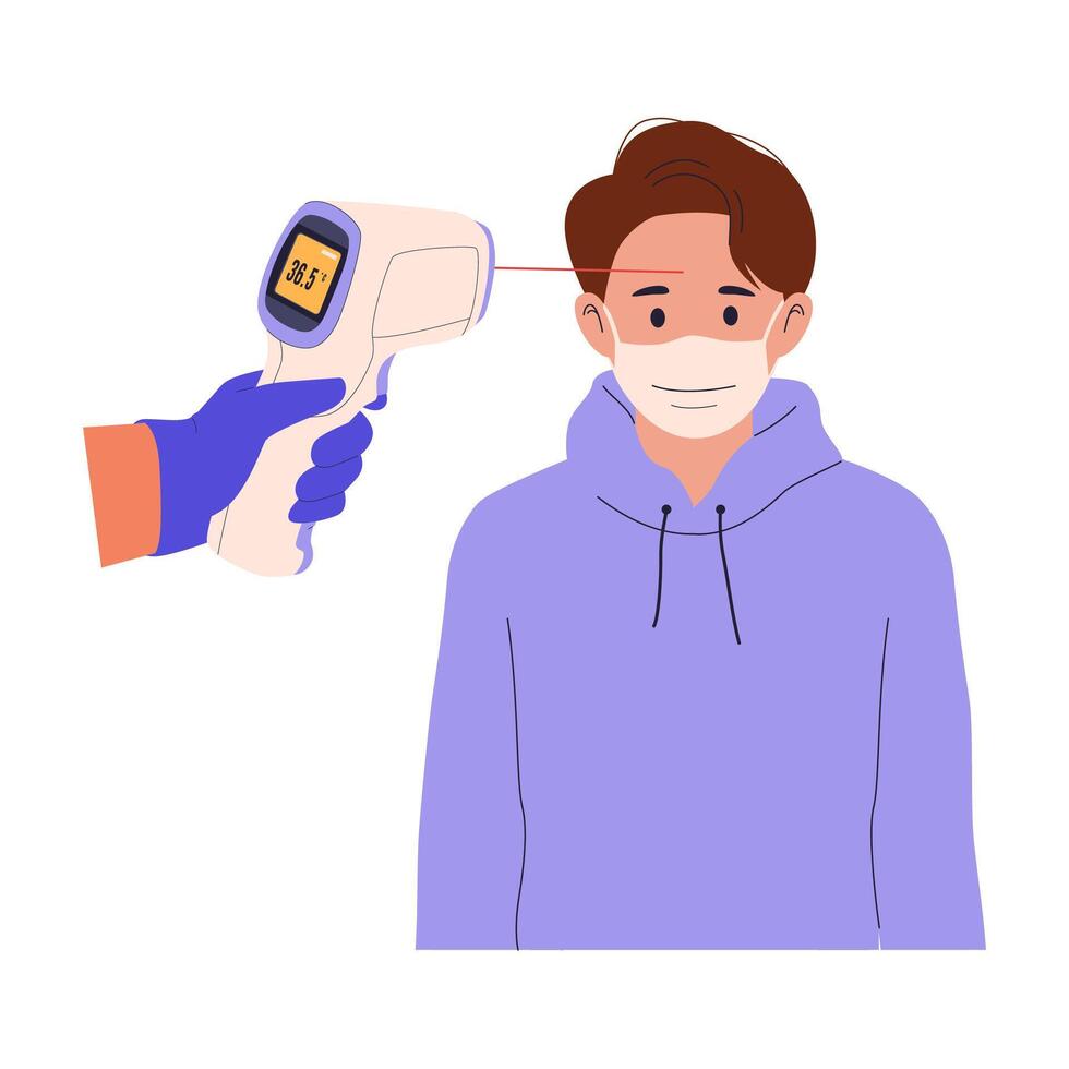 Man Temperature Screening with Infrared Thermometer vector
