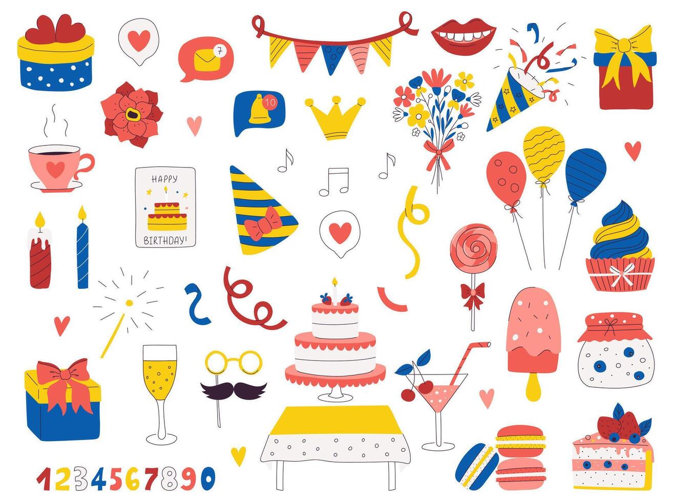 Colorful birthday decorations and party items vector
