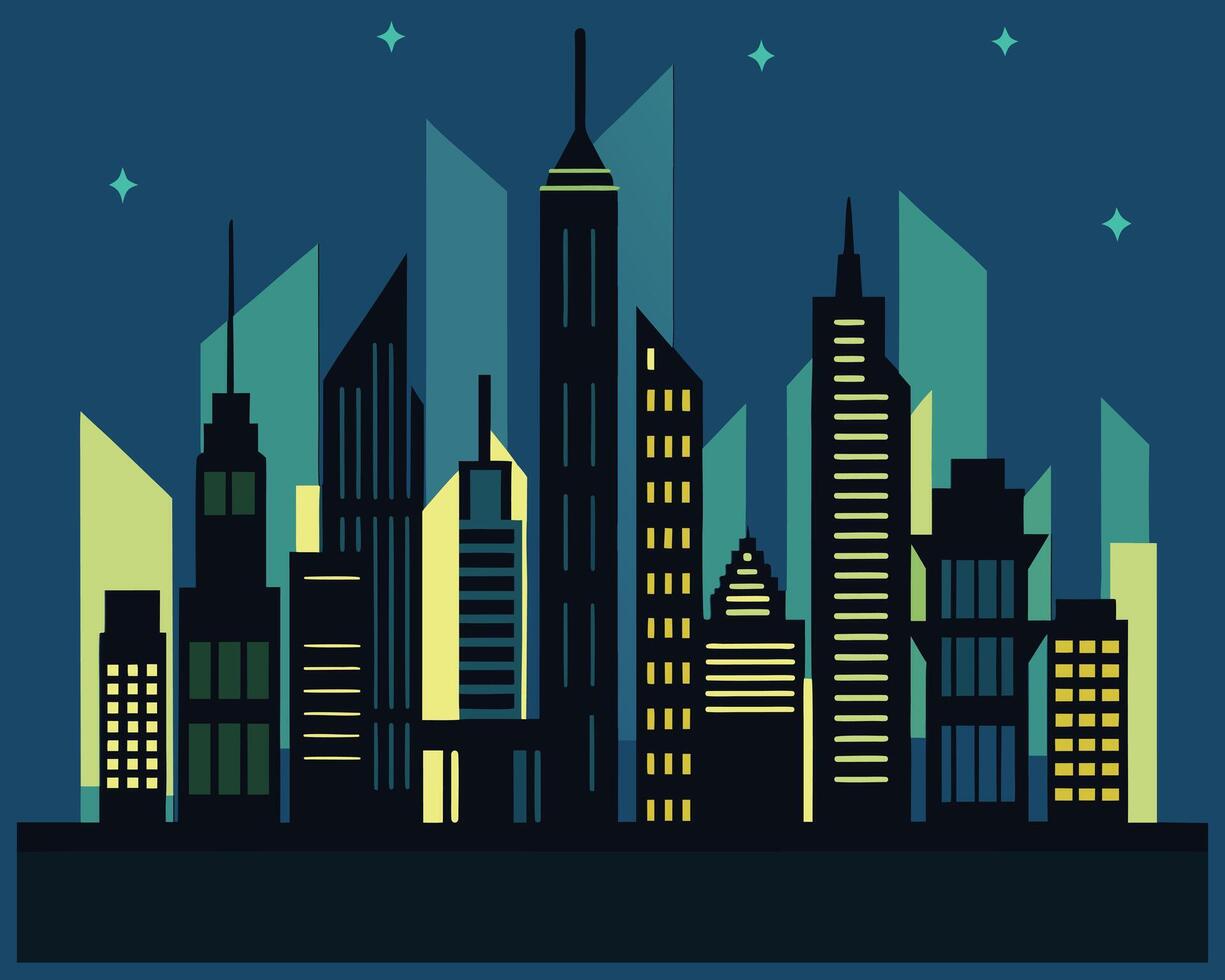 Abstract Cityscape at Night with Stars and Geometric Building Shapes vector