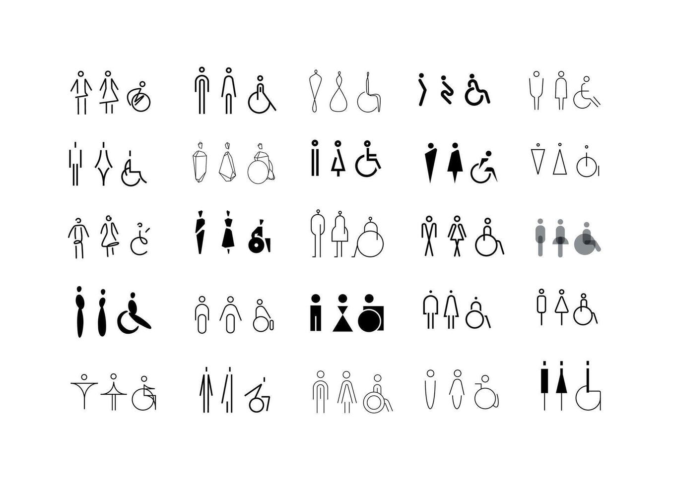 WC icons, stylish and modern design for male, female, accessible restrooms drawing on white bg. vector