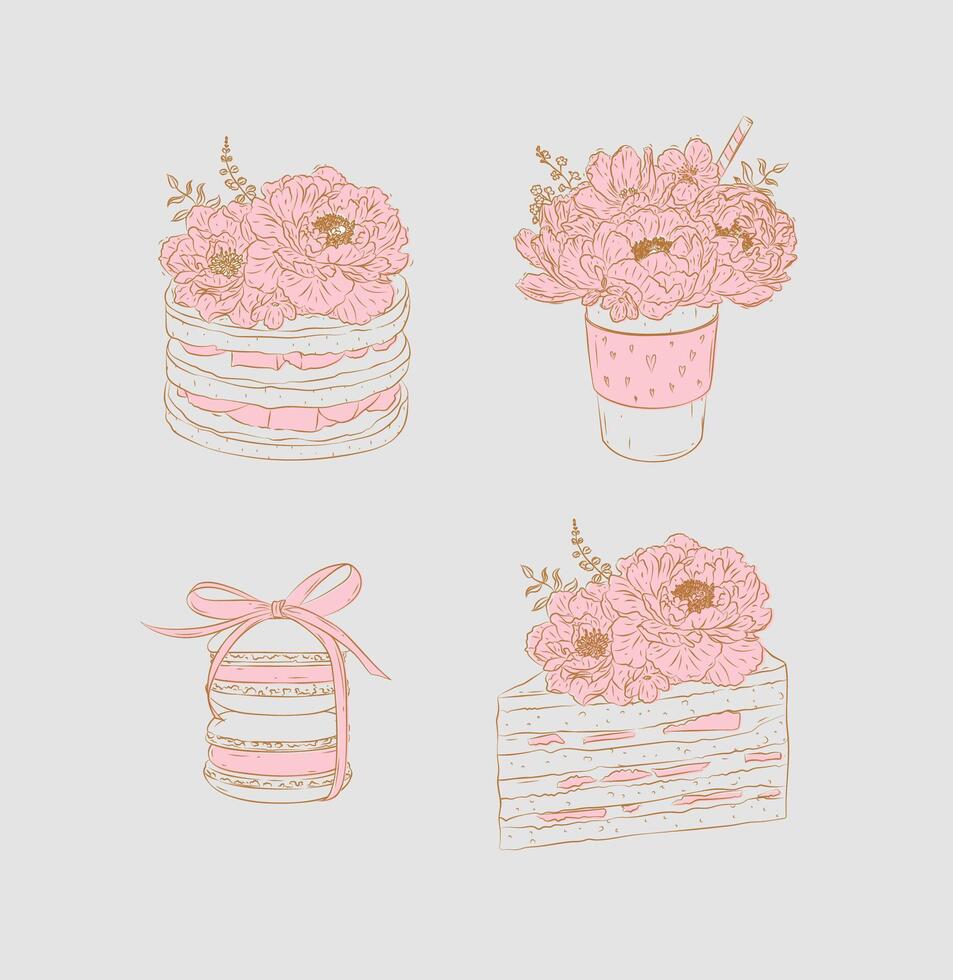 Bakery graphic illustrations coffee cup, macarons, cake, pancakes drawing in floral style with flowers and petals vector