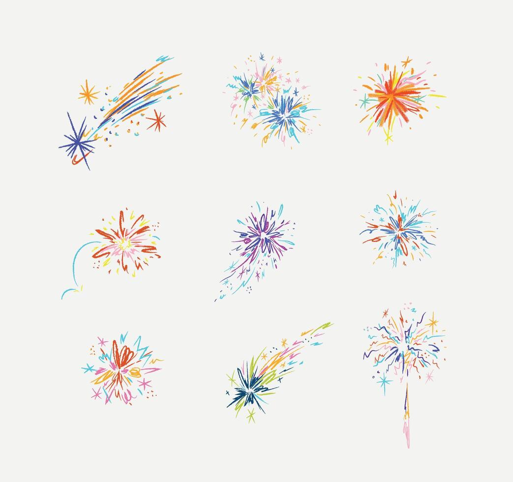 Fireworks with stars, sparks and firecracker drawing in multicolored on light background vector