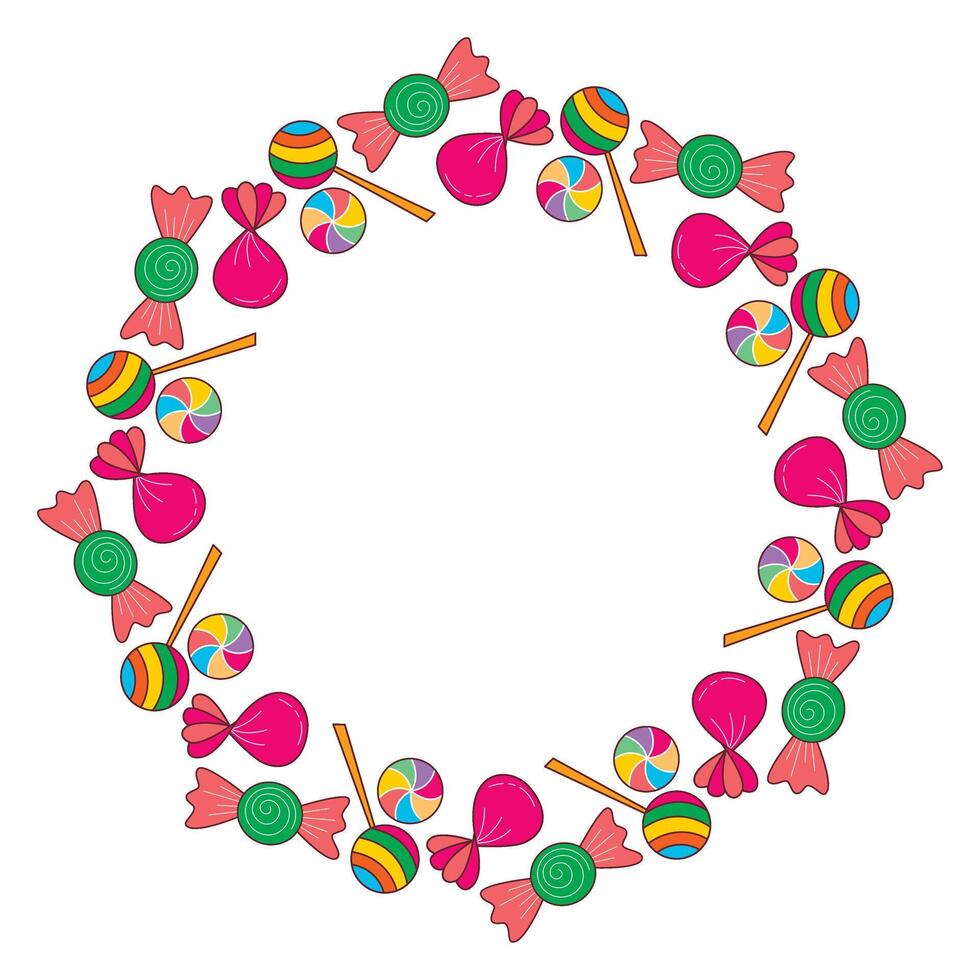 Bright round frame made of sweet lollipops, caramel and candies vector