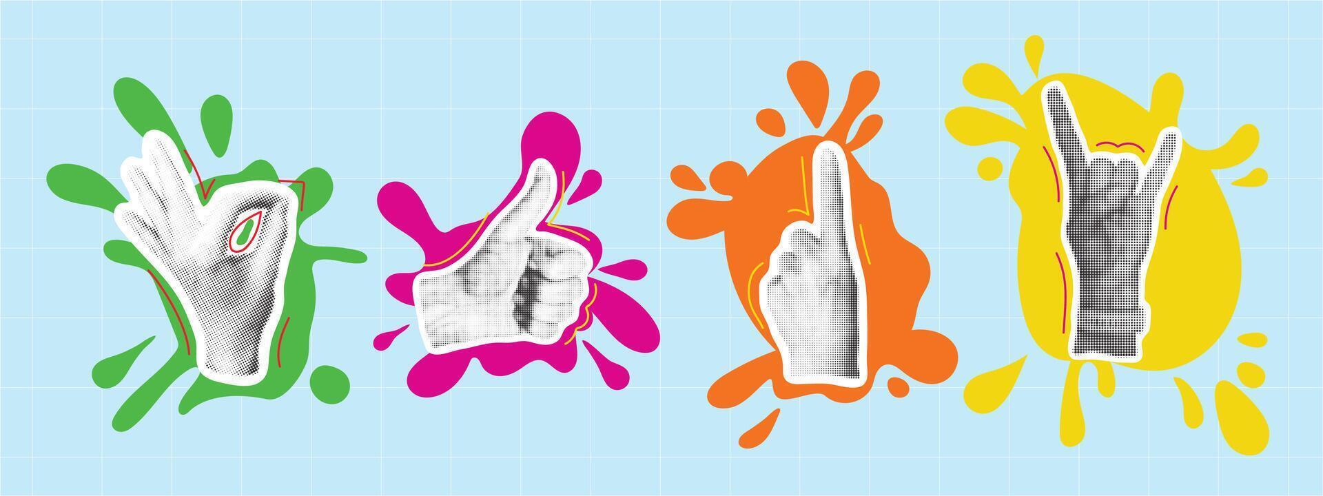 Halftone style hand gestures on bright paint blots. Set of female hand signs for social media and communication. Modern collage with trendy human hand signs. graphics vector