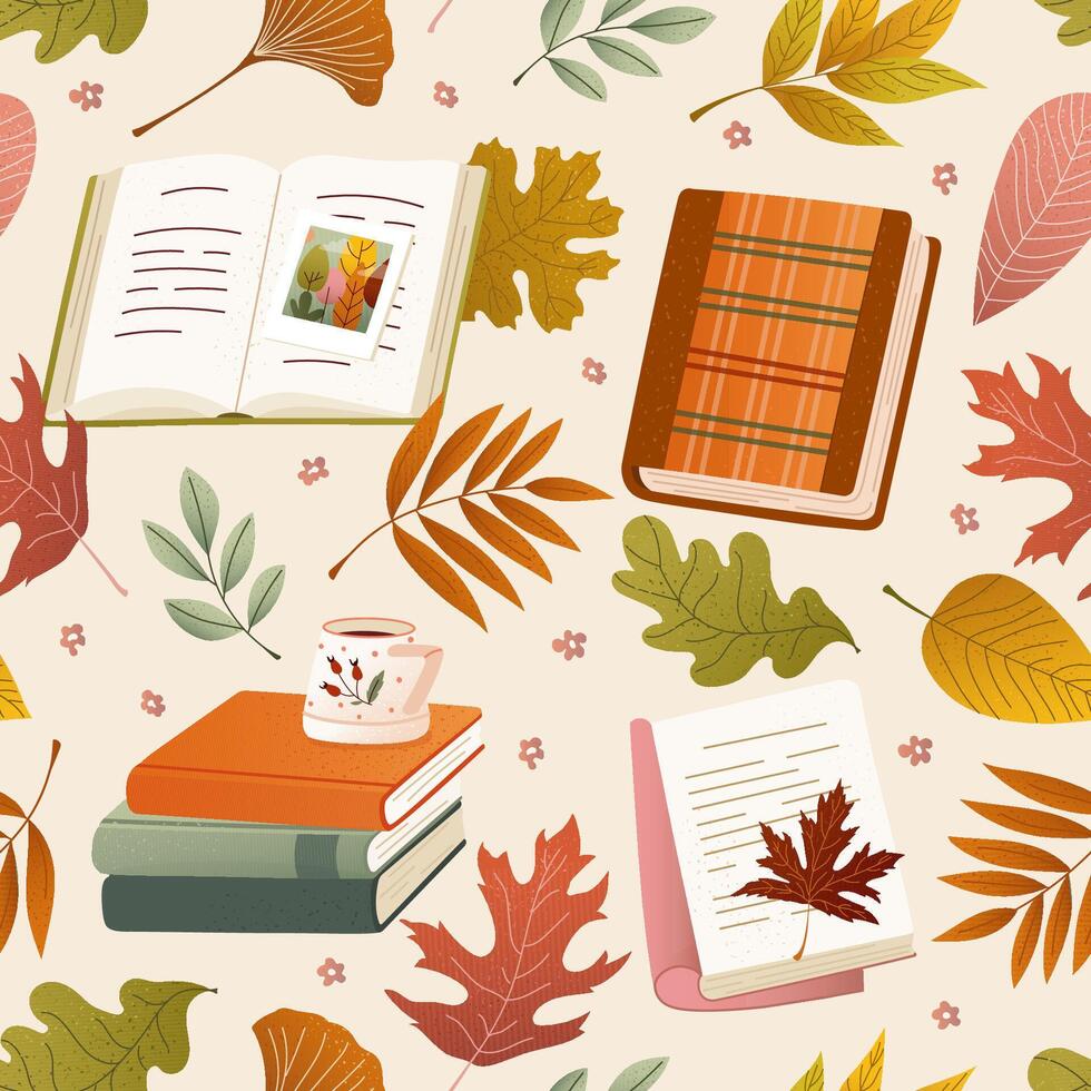 Autumn leaves and books pattern design vector