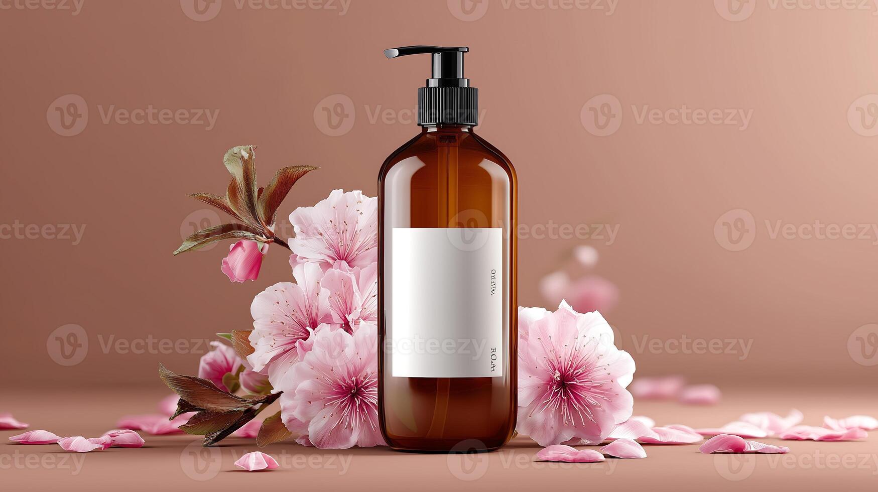 Amber Glass Shampoo Bottle Mockup with White Label and Pink Flowers2 photo
