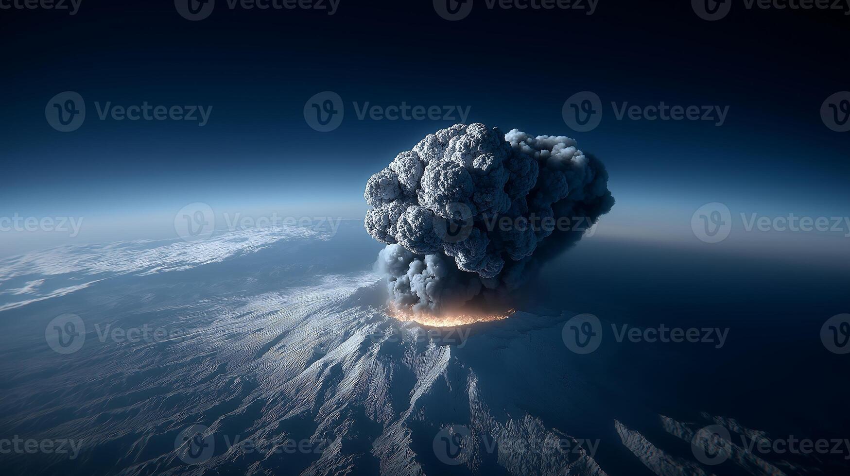 Aerial View of Erupting Volcano with Ash and Smoke Plumes Against a Blue Sky2 photo