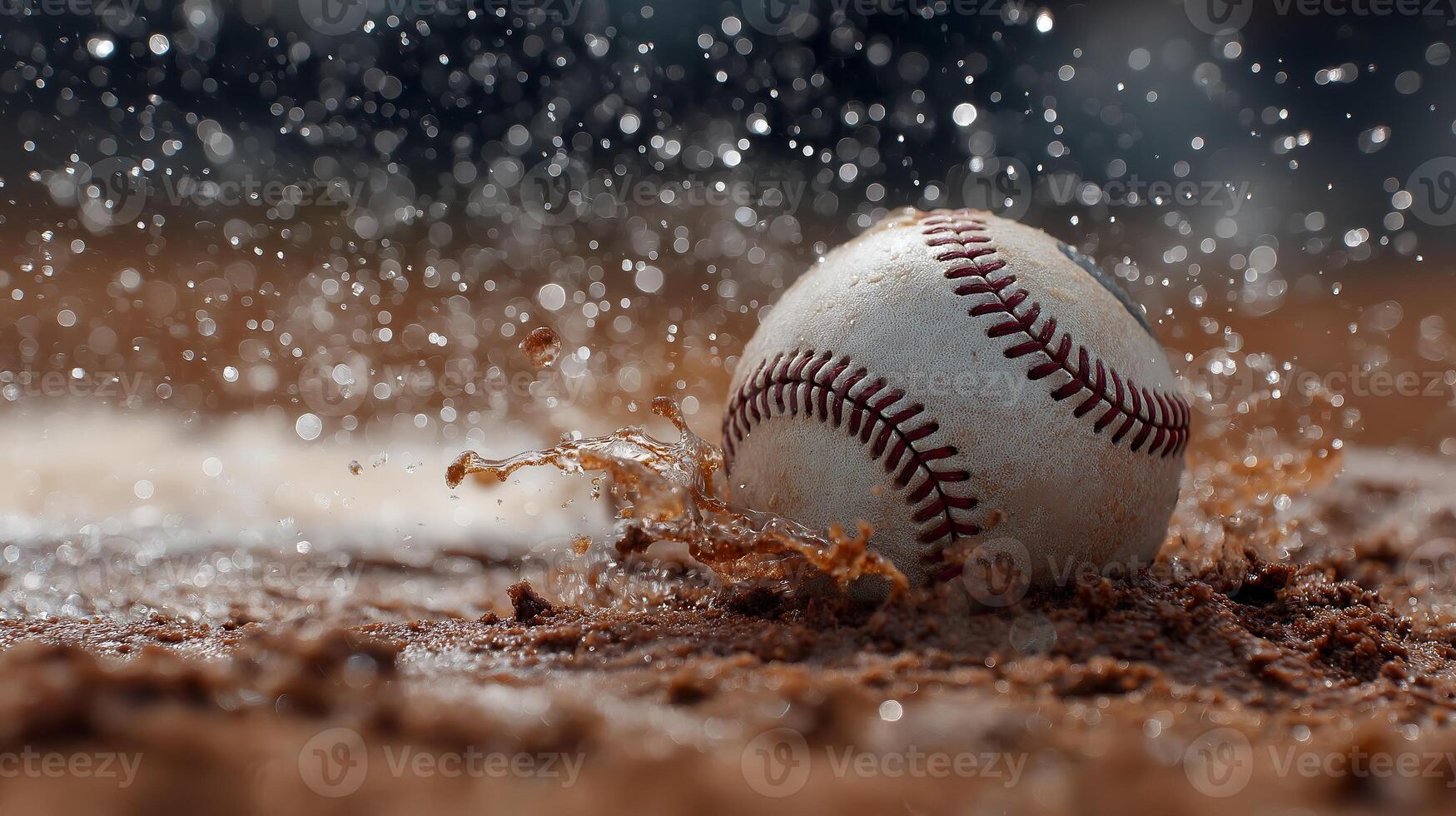 Closeup of Baseball Splashing in Wet Stadium Dirt photo