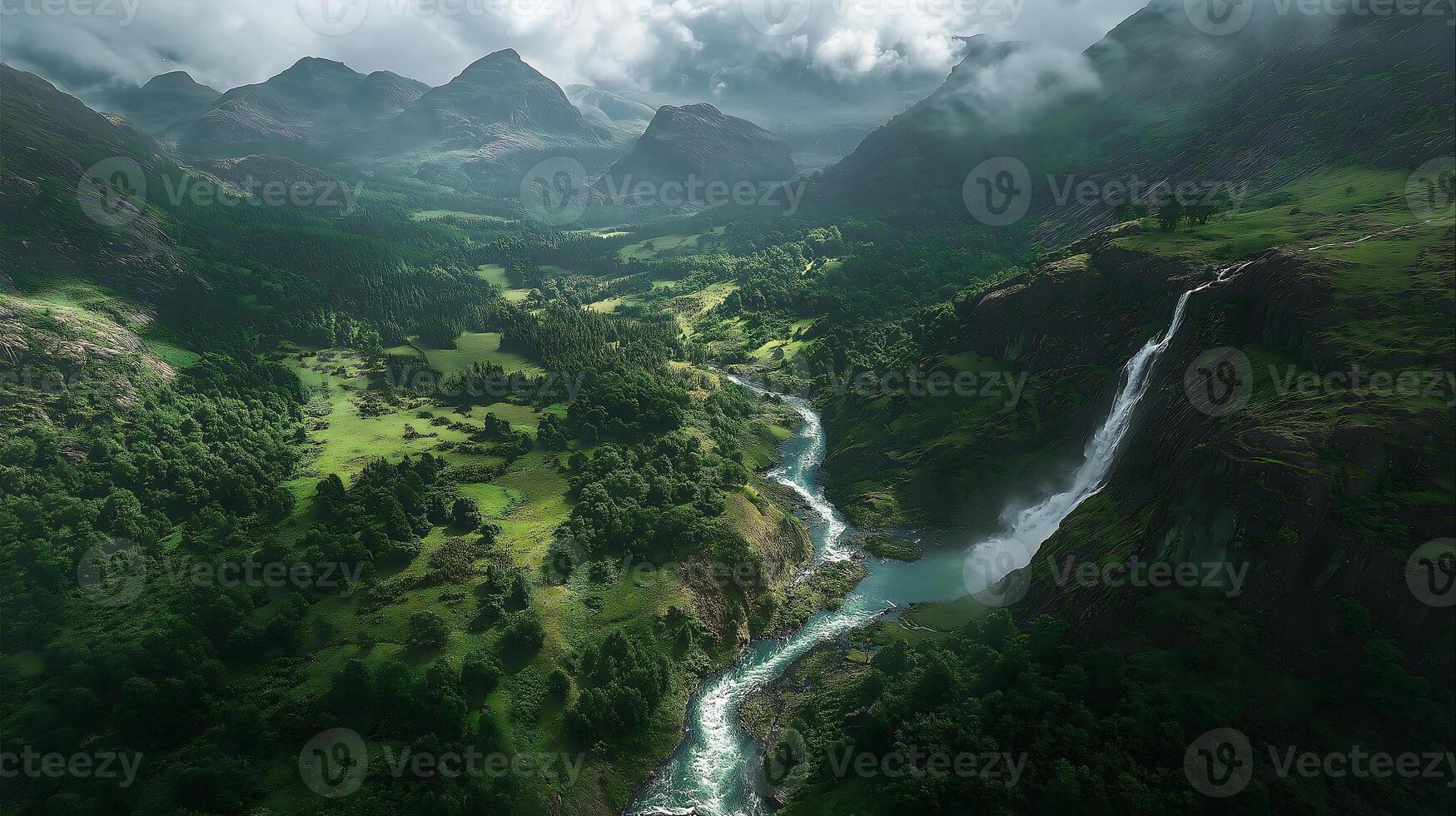 Aerial View of Lush Green Valley with River and Waterfall4 photo