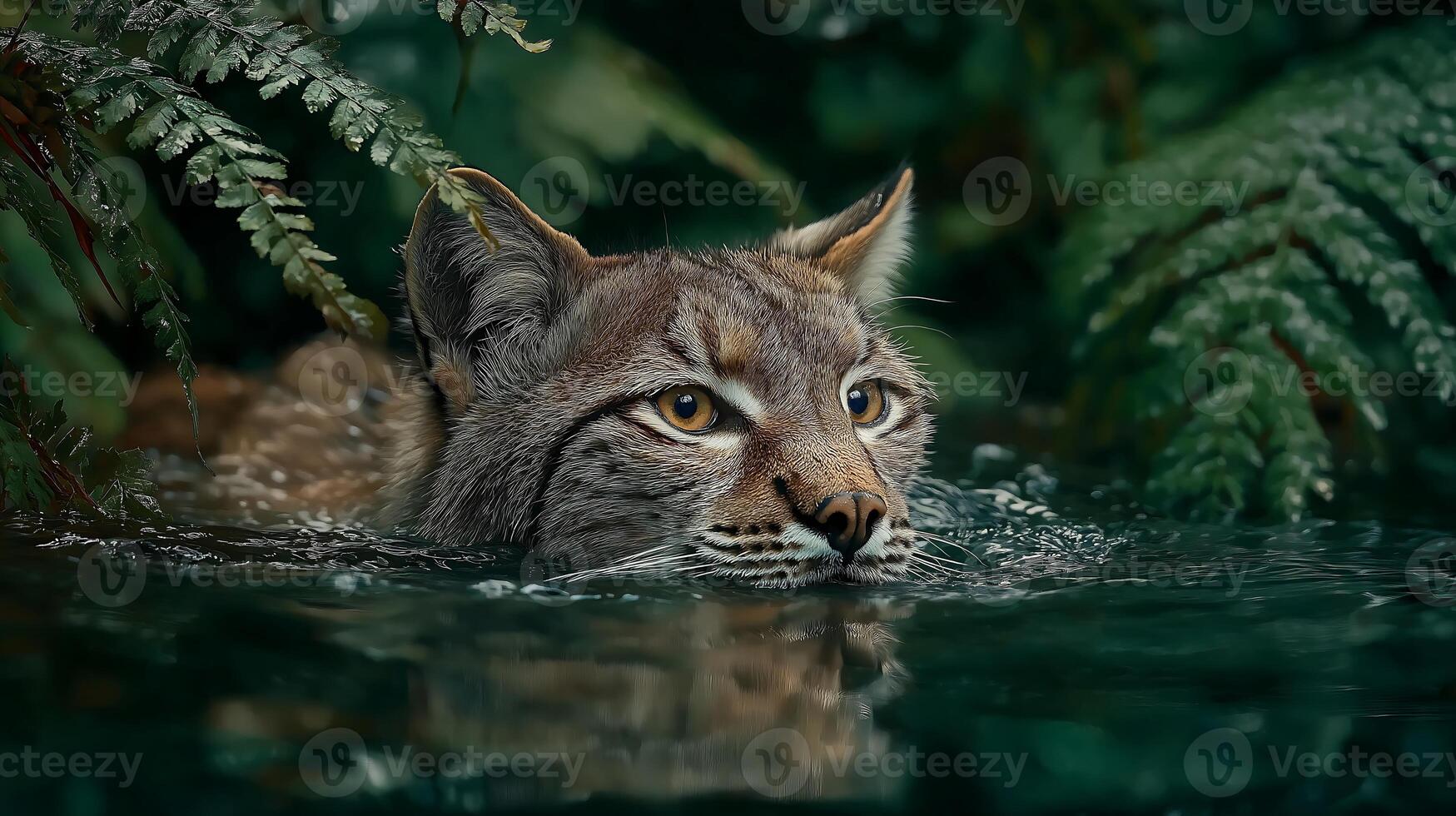 berian lynx, Lynx pardinus Swimming Gracefully in Serene Water Surrounded by Lush Jungle and Greenery1 photo