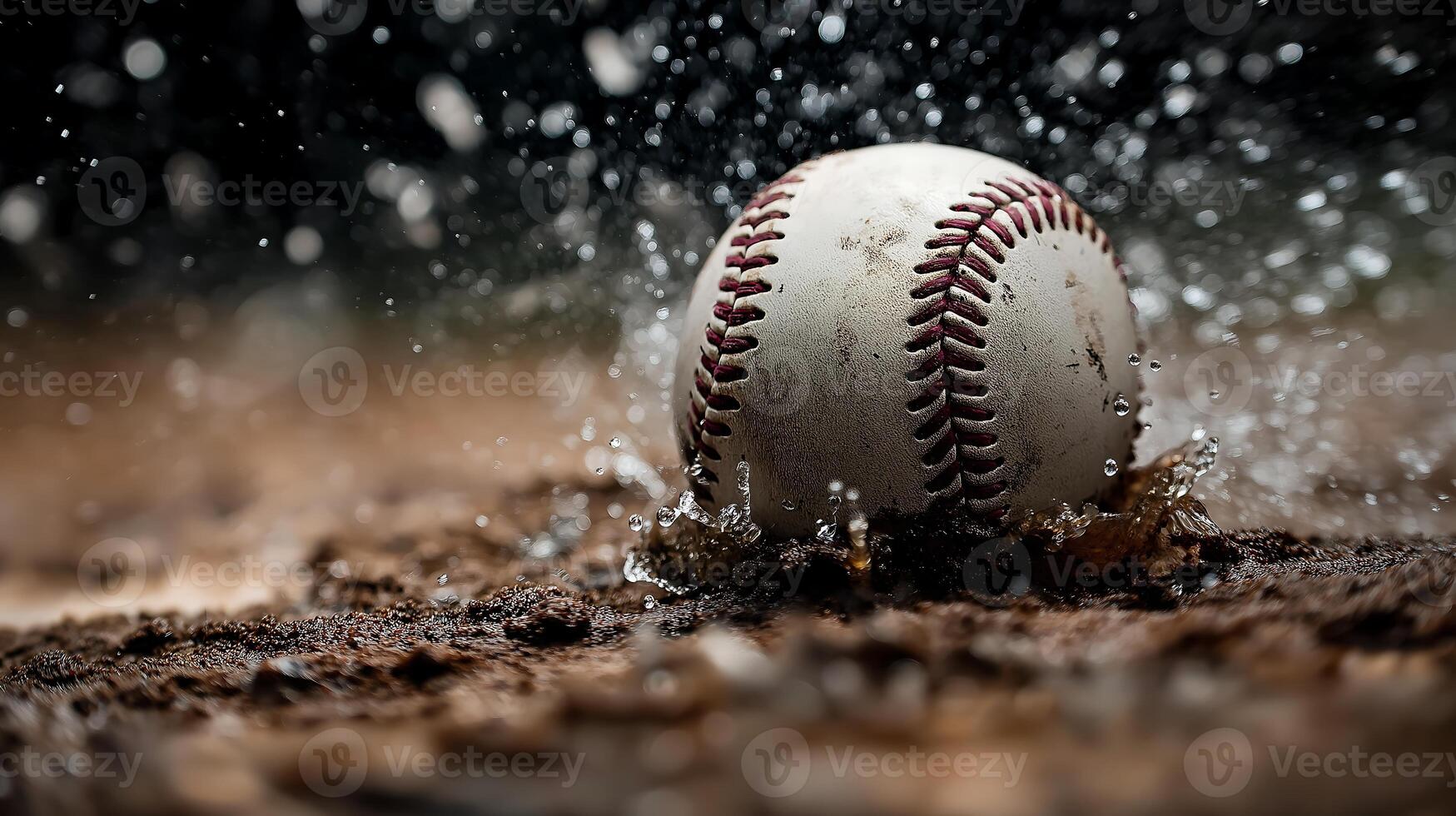 Closeup of Baseball Splashing in Wet Stadium Dirt 2 photo