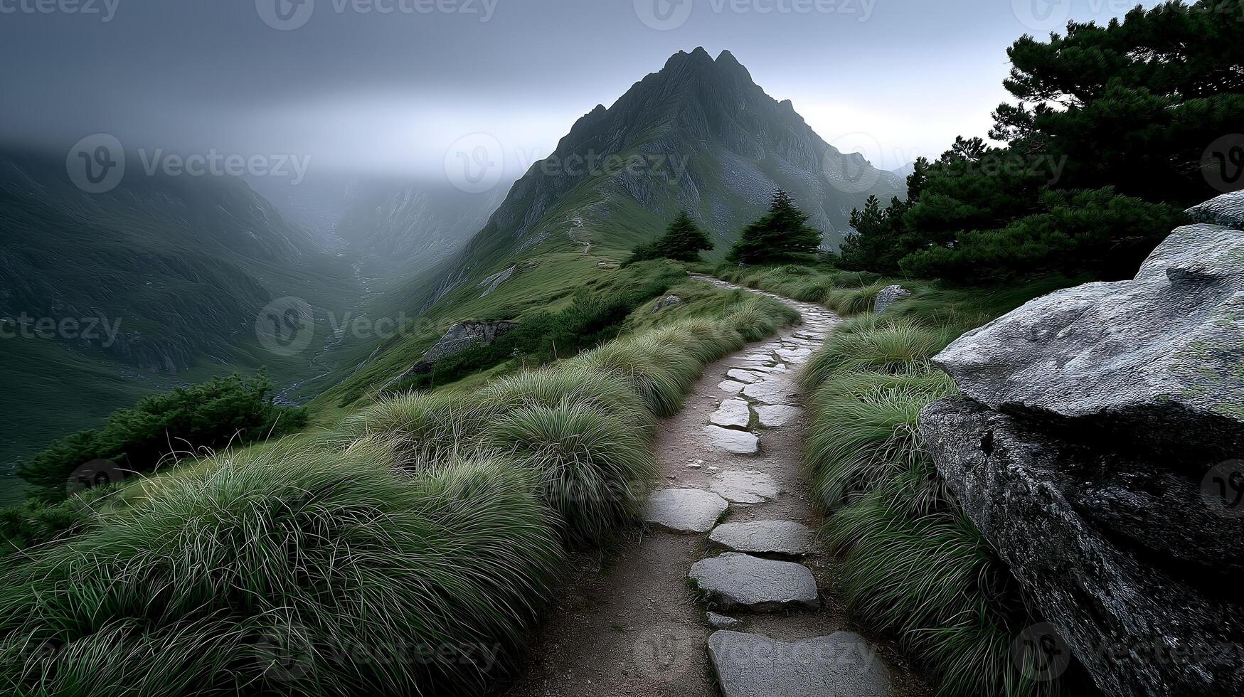 Winding Path Up Green Grassy Hill photo
