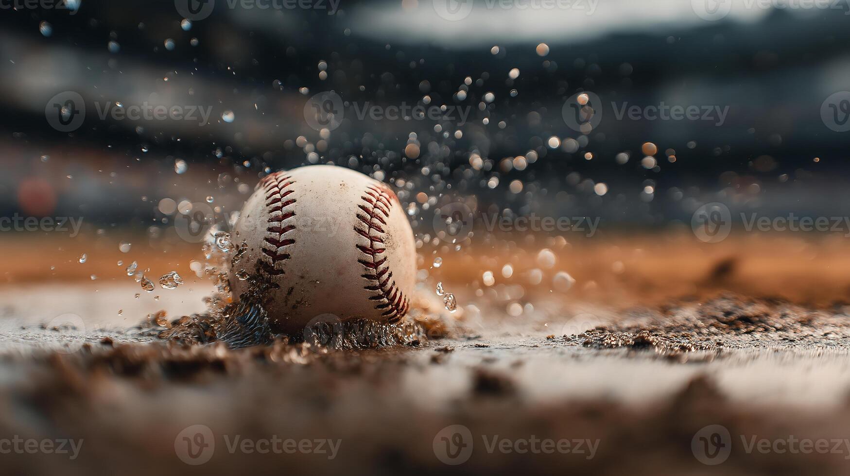 Closeup of Baseball Splashing in Wet Stadium Dirt 3 photo