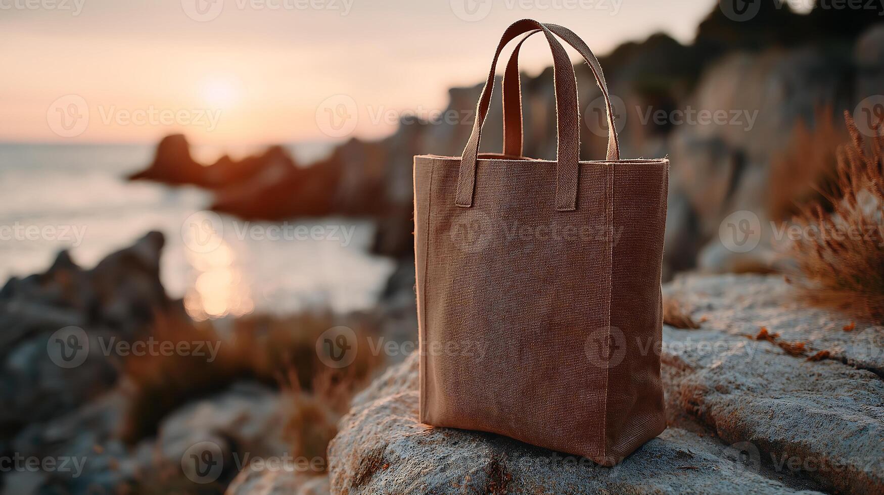 Kraft Paper Bag on Rocky Surface at Sunrise2 photo