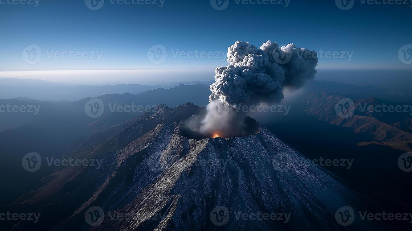 Aerial View of Erupting Volcano with Ash and Smoke Plumes Against a Blue Sky photo