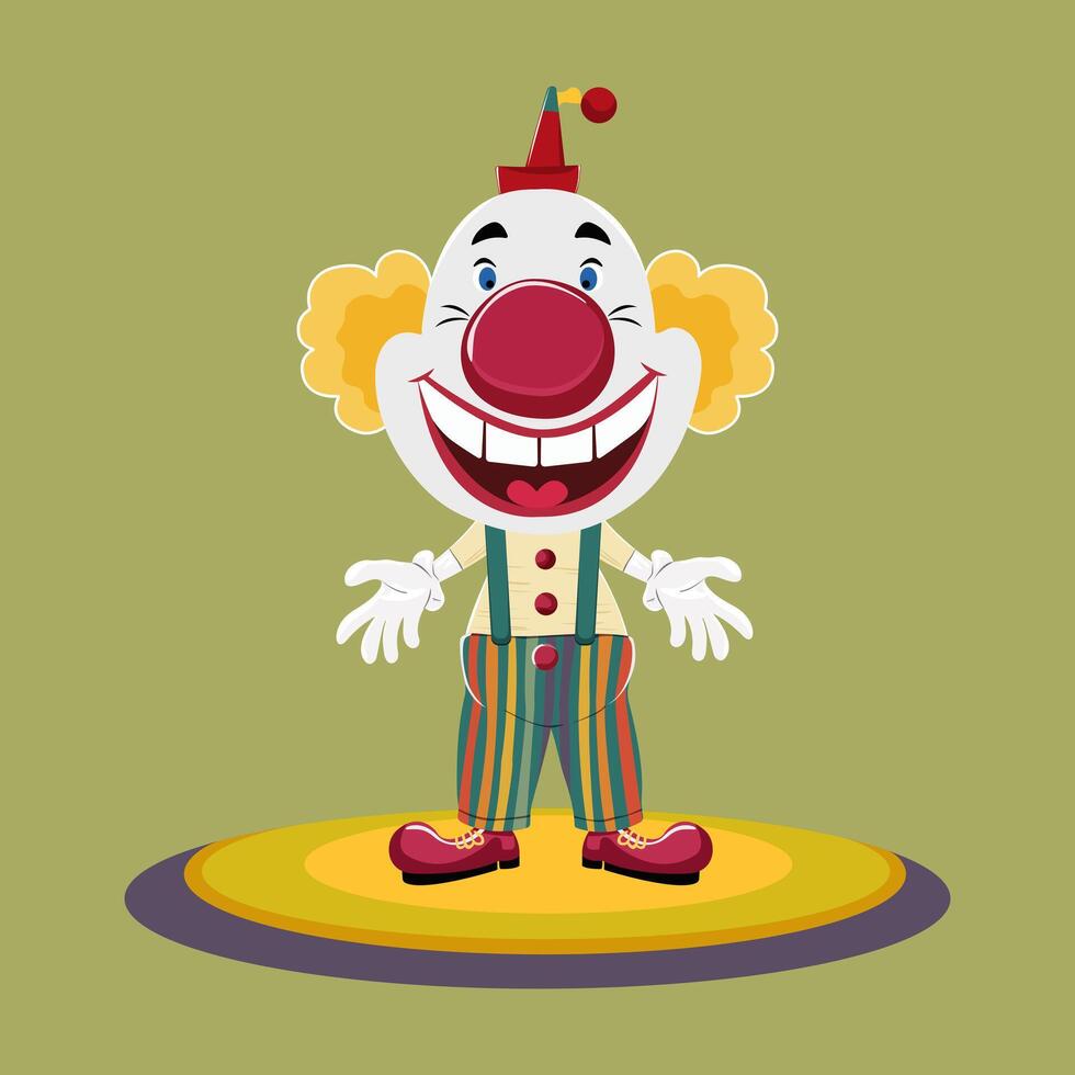 A cheerful clown stands on a round stage with an inviting performance. Smiling clown in striped trousers Clown, jester, comedian, magician Isolated on green background vector