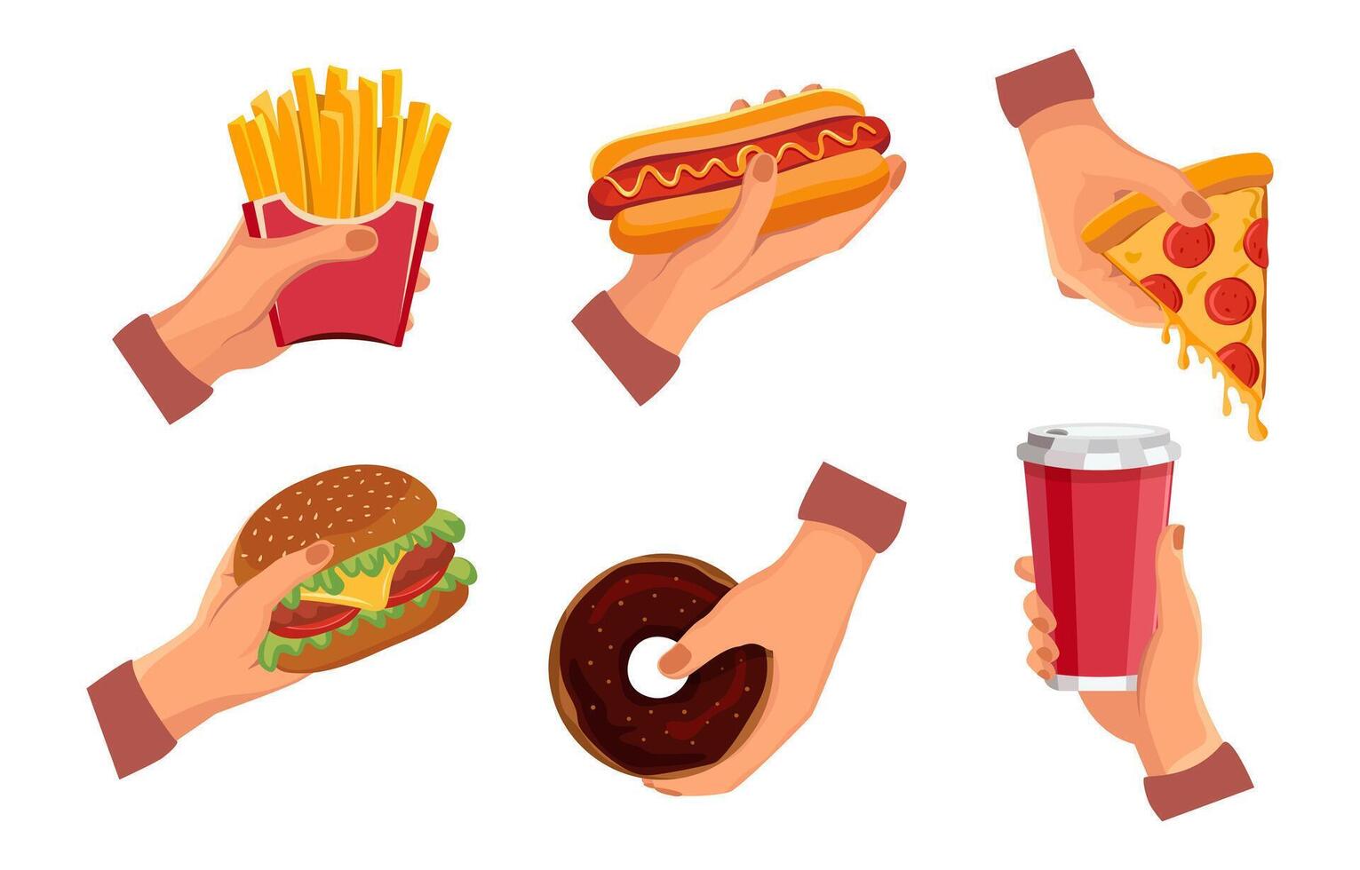 Fast food items in hands vector