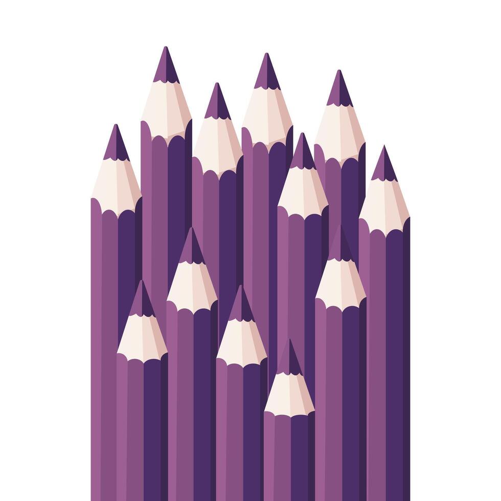 Set of monochrome purple pencils in different order on white background illustration for background, drawing, card, notebook, packaging, study vector