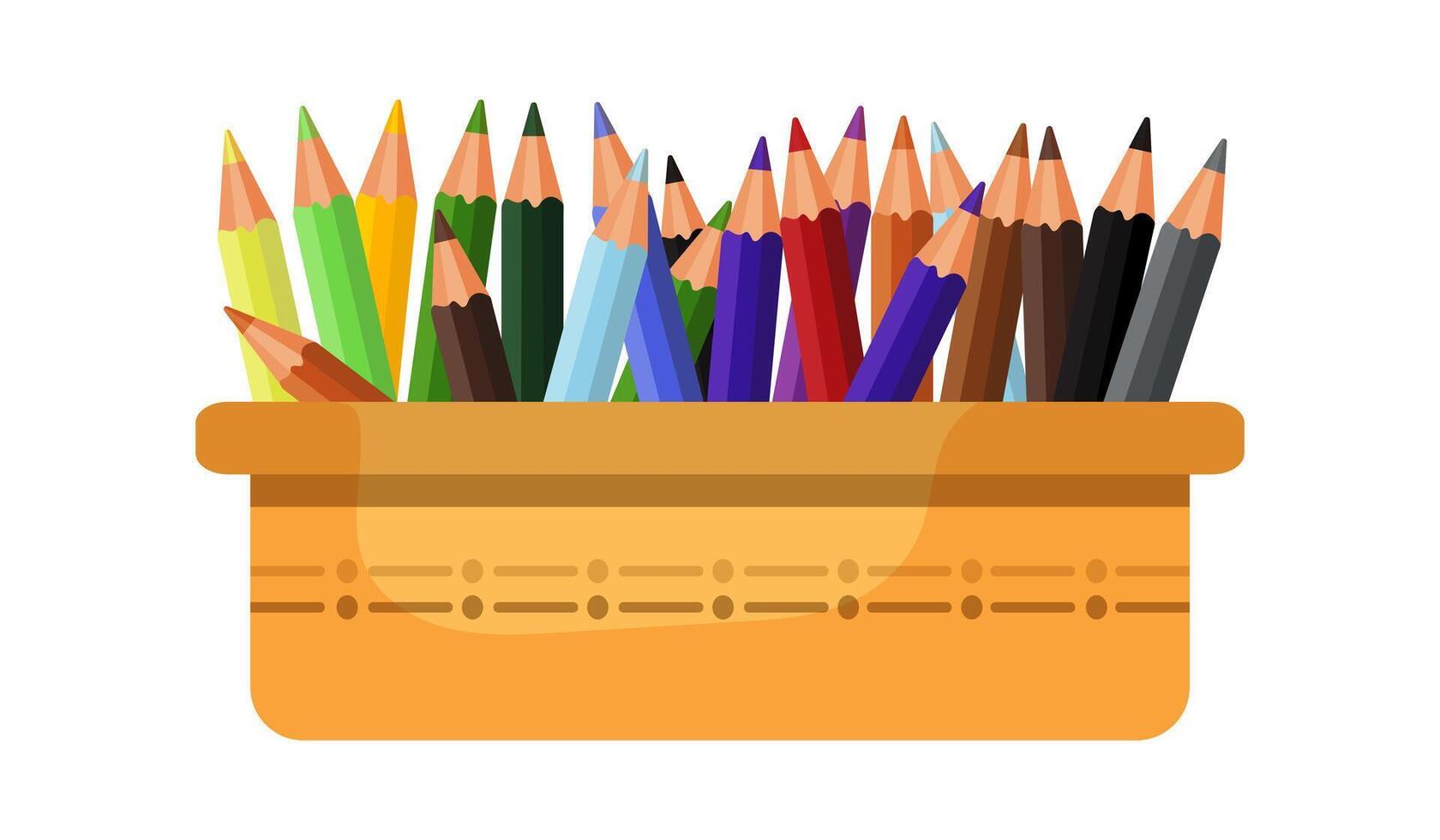Coloured pencils in a basket for office, school, study. Yellow basket with pencils, storage, glass vector