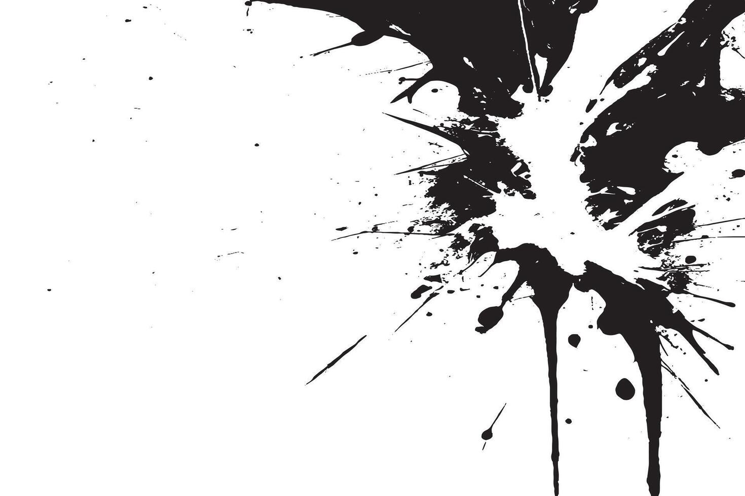 Dynamic black ink splatter on white canvas with sharp drips and bursts. Ideal for edgy graphic design, posters, prints, album covers, and urban or grunge-inspired digital artwork. vector