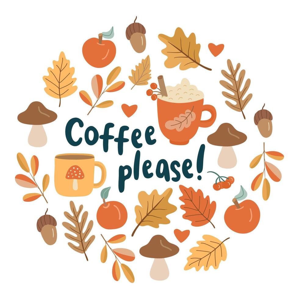Autumn coffee illustration with leaves vector