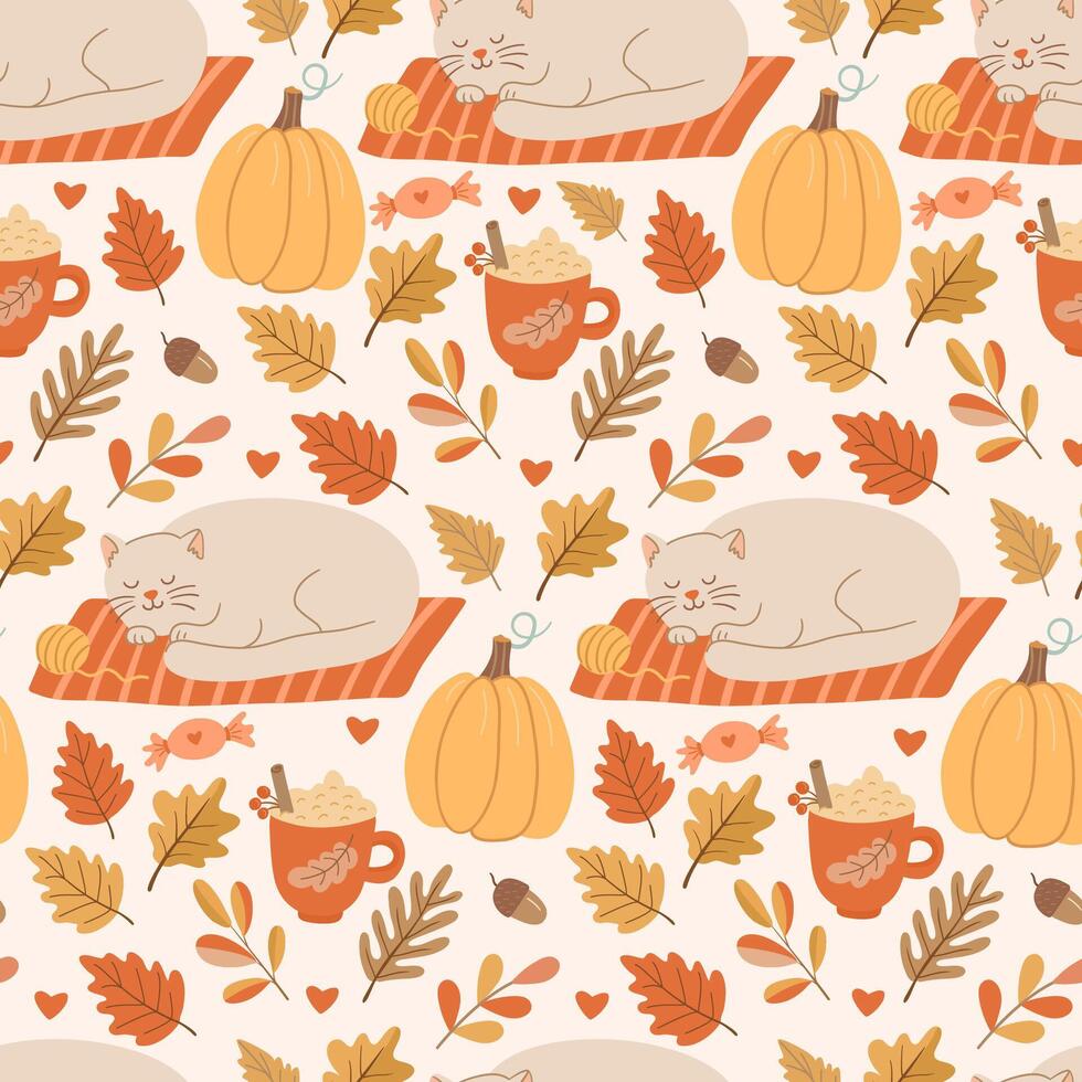 Autumn cat pattern with leaves and pumpkins vector