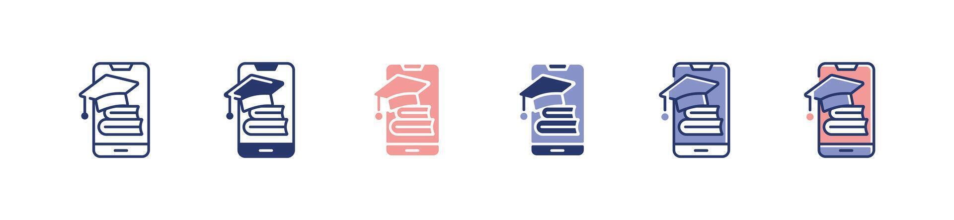 mobile online course book icon set digital education school graduation hat library study e-learning signs illustration for web and app vector