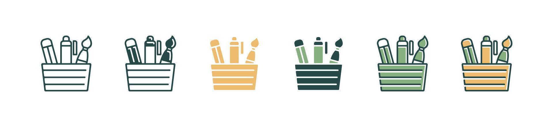 school stationery supply holder icon set pencil, pen, paint brush container office work desk element signs illustration for web and app vector