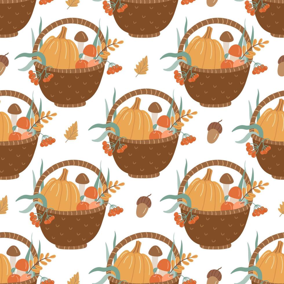 Seamless fall pattern with harvest baskets filled with pumpkins, mushrooms, rowan berries, and autumn leaves. Ideal for textile design and wrapping paper vector