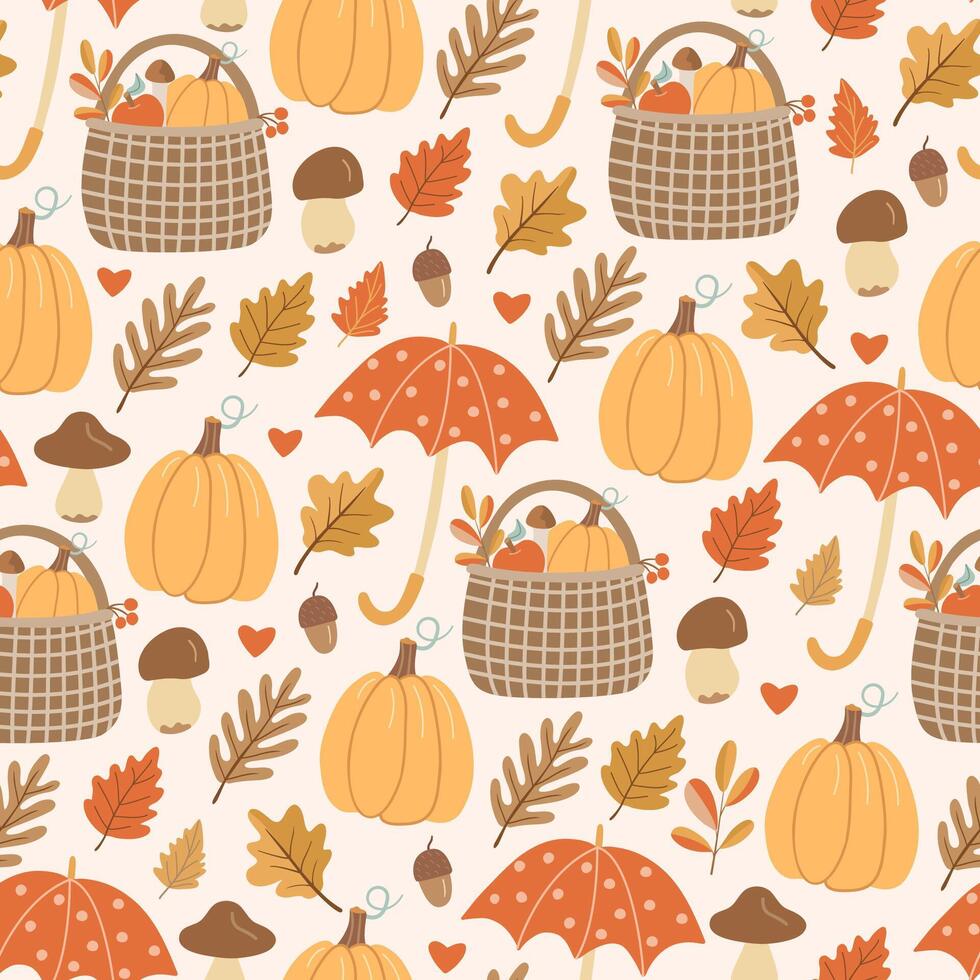 Seamless pattern with pumpkins, umbrellas, autumn leaves, mushrooms, and harvest baskets. Ideal for fall themed fabric, wallpaper, and cozy seasonal textile projects vector