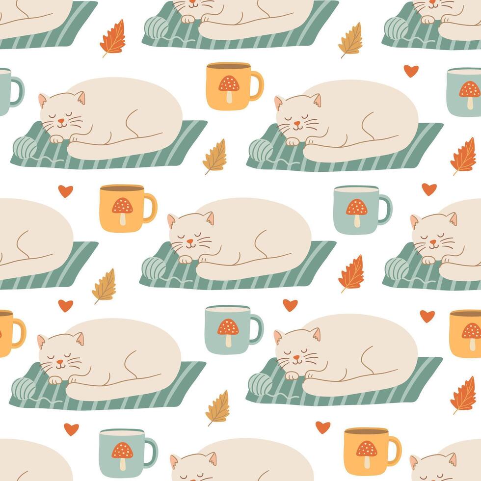 Seamless pattern with cozy white sleeping cats on blankets, fall leaves, and warm mugs. Perfect for autumn textile, wallpaper, and seasonal fabric design vector