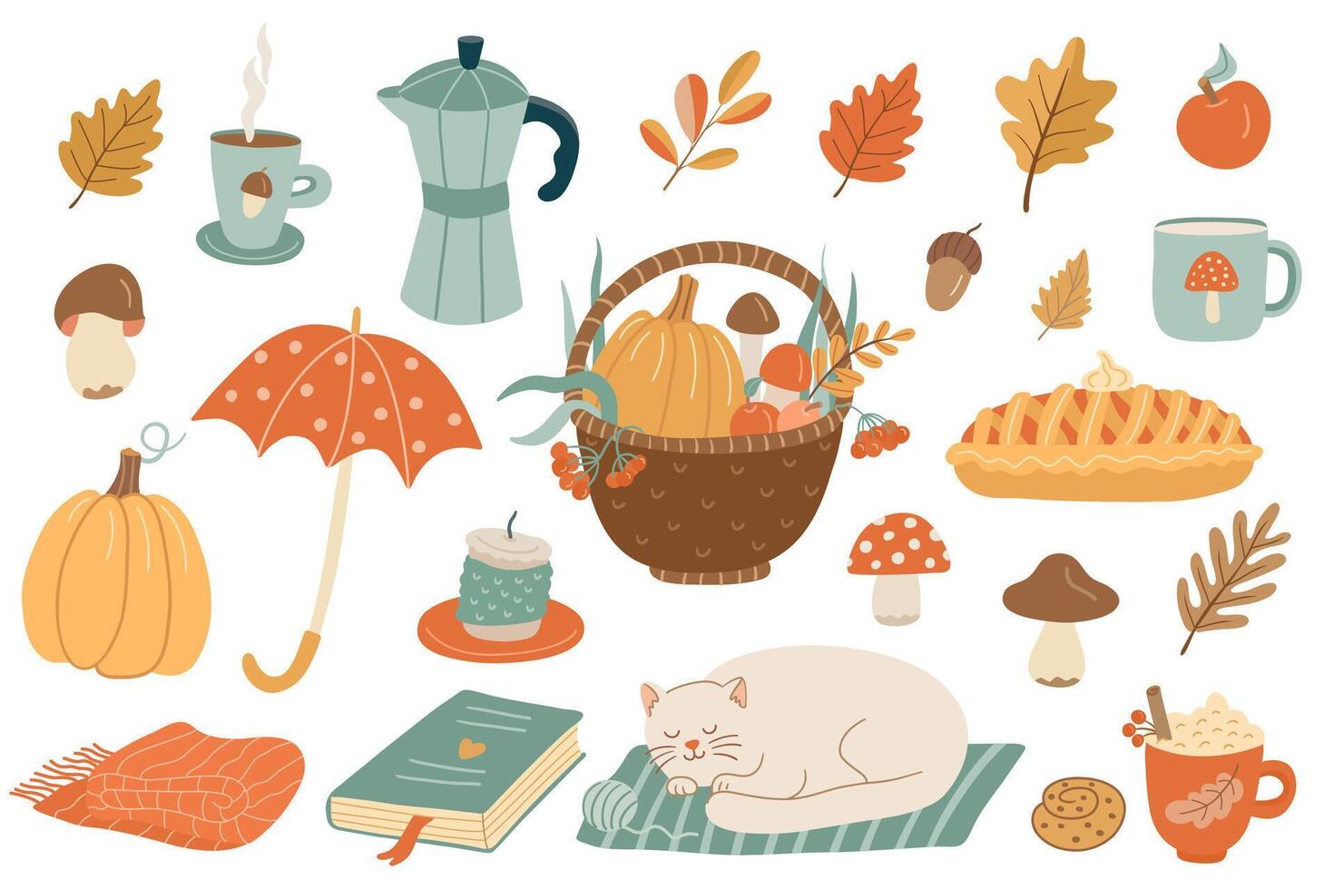 Hand drawn cozy autumn clipart set with pie, pumpkin, coffee mugs, mushrooms, leaves, and cat. Perfect for fall greeting cards, stickers, and seasonal projects. vector