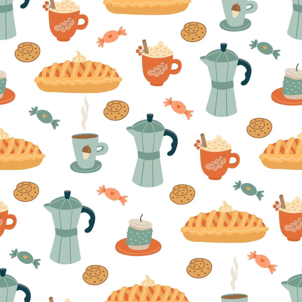 Seamless autumn pattern with moka pots, apple pies, coffee mugs, cookies, and candies. Great for cozy seasonal fabric, kitchen textiles, wallpapers, and fall themed backgrounds vector