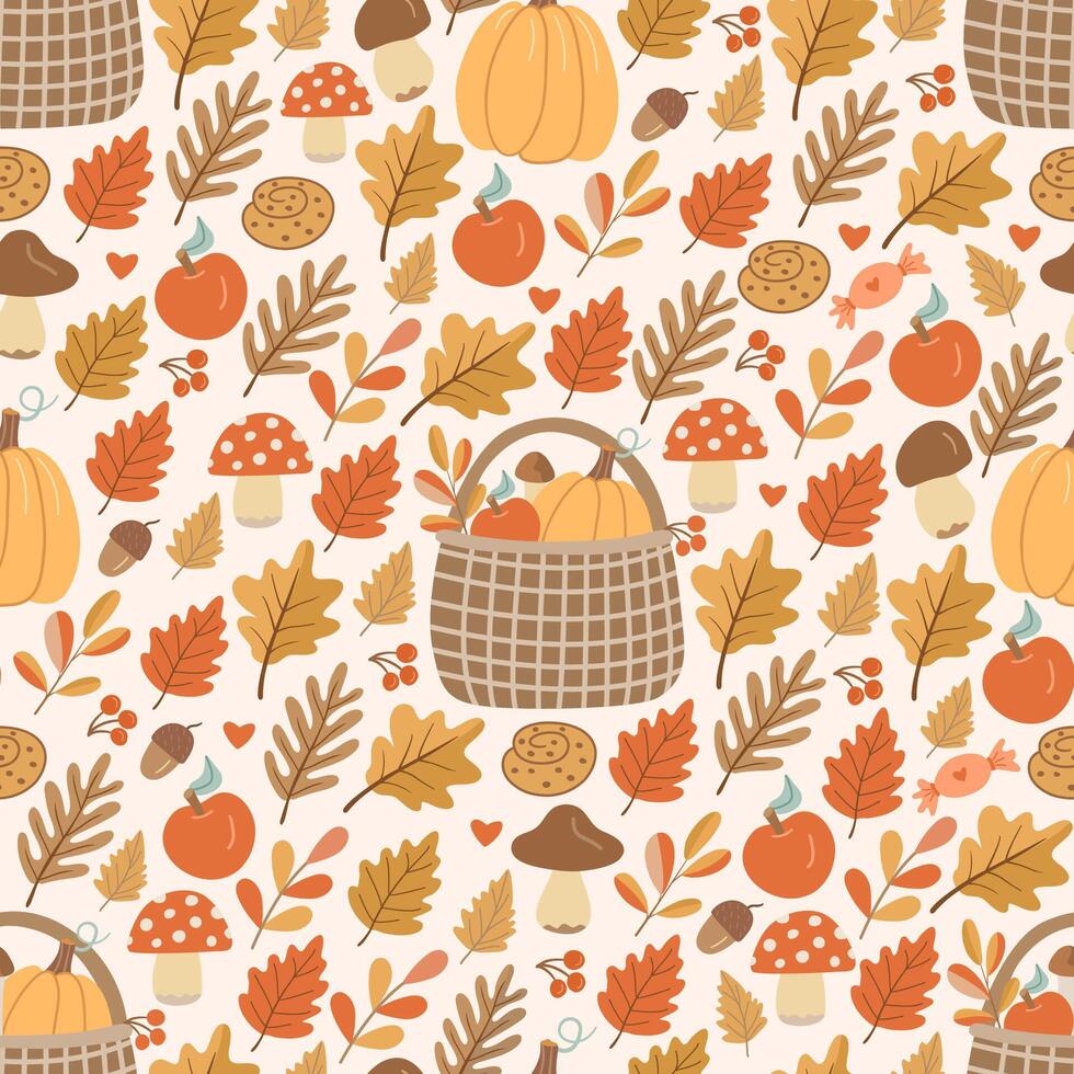Autumn pattern with pumpkins and leaves vector
