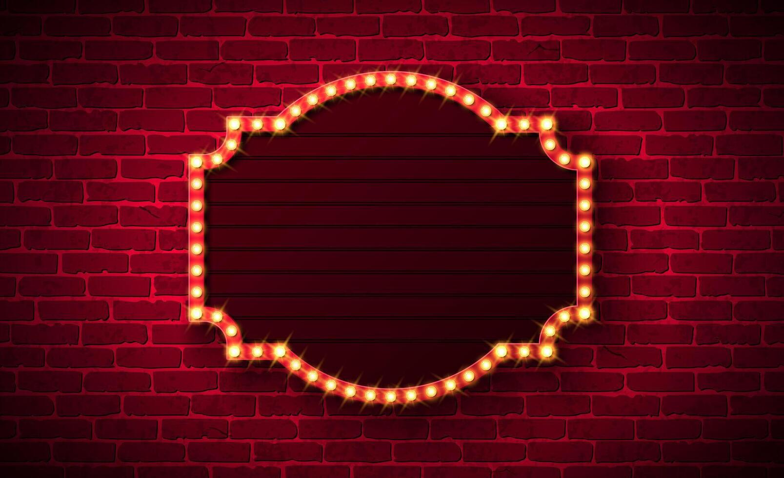 Retro Signboard Lightbox Banner Illlustration with Glowing Light Bulb Frame Billboard on Vintage Brick Wall Background. Customizable Marquee Sign Design for Casino Advertising, Theater Show vector